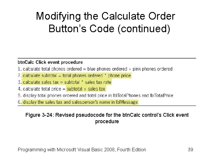 Modifying the Calculate Order Button’s Code (continued) Figure 3 -24: Revised pseudocode for the