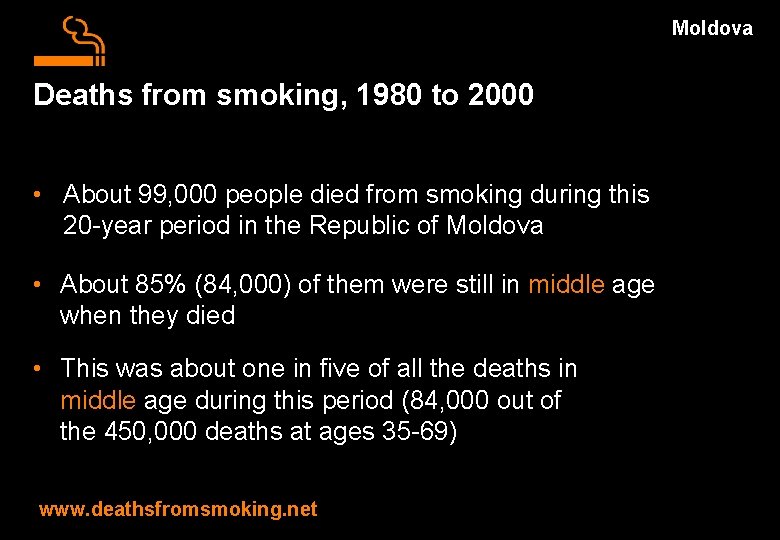 Moldova Deaths from smoking, 1980 to 2000 • About 99, 000 people died from