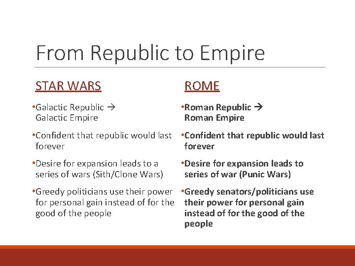 From Republic to Empire STAR WARS • Galactic Republic Galactic Empire ROME • Roman