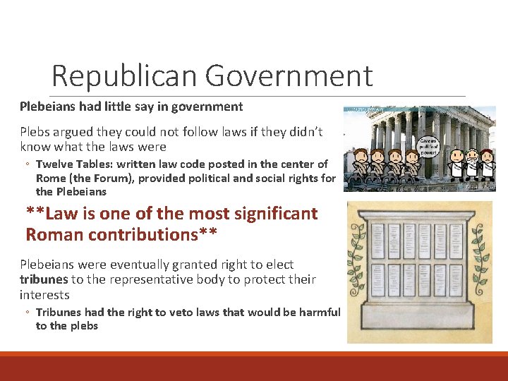 Republican Government Plebeians had little say in government Plebs argued they could not follow