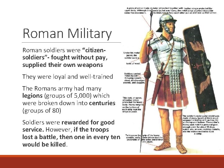 Roman Military Roman soldiers were “citizensoldiers”- fought without pay, supplied their own weapons They