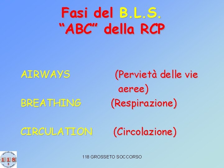 Fasi del B. L. S. “ABC” della RCP AIRWAYS BREATHING (Pervietà delle vie aeree)