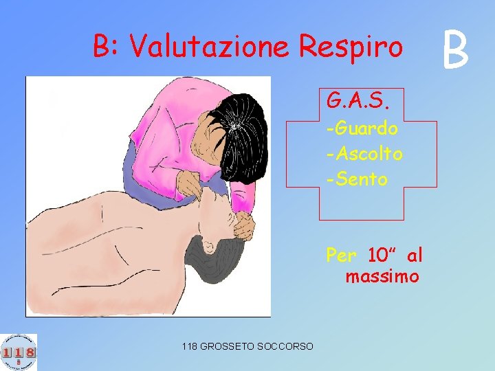 B: Valutazione Respiro G. A. S. -Guardo -Ascolto -Sento Per 10” al massimo 118