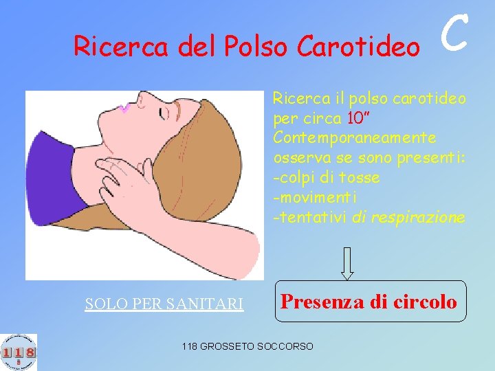 Ricerca del Polso Carotideo C Ricerca il polso carotideo per circa 10” Contemporaneamente osserva