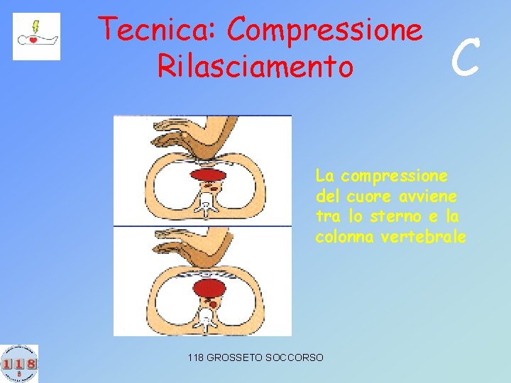 Tecnica: Compressione Rilasciamento C La compressione del cuore avviene tra lo sterno e la