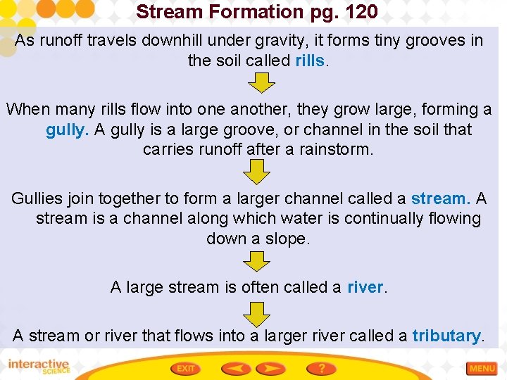 Stream Formation pg. 120 As runoff travels downhill under gravity, it forms tiny grooves