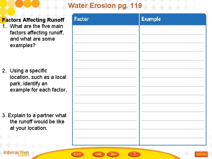 Water Erosion pg. 119 Factors Affecting Runoff 1. What are the five main factors