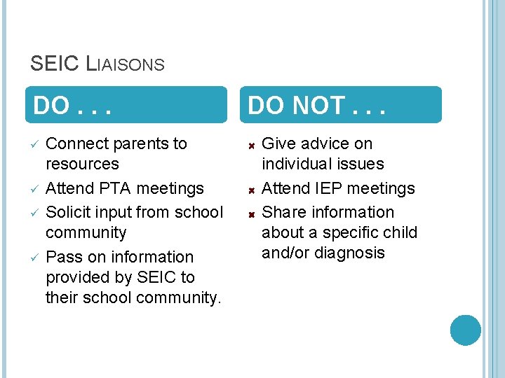 SEIC LIAISONS DO. . . ü ü Connect parents to resources Attend PTA meetings