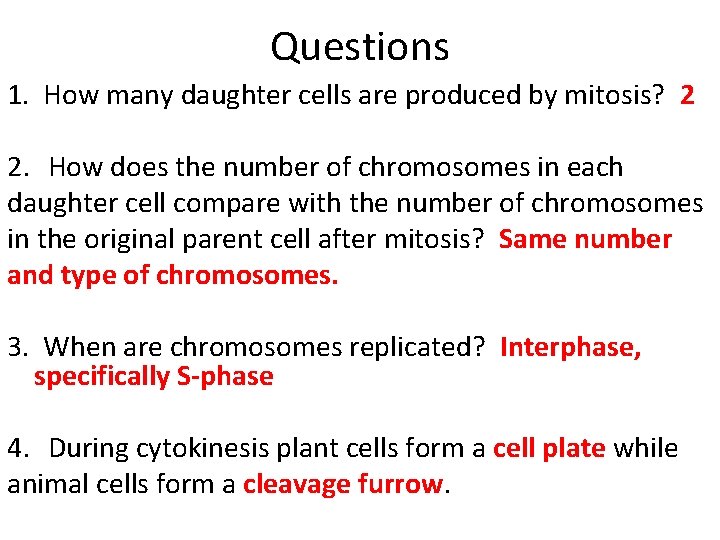Questions 1. How many daughter cells are produced by mitosis? 2 2. How does