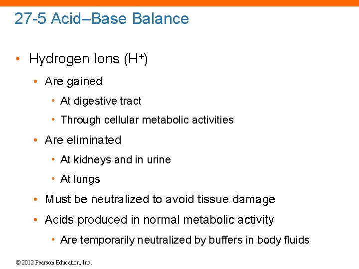 27 -5 Acid–Base Balance • Hydrogen Ions (H+) • Are gained • At digestive