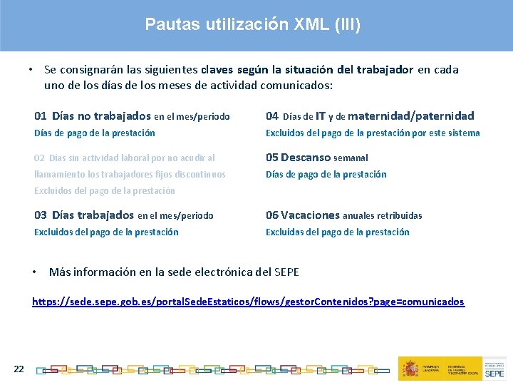Pautas utilización XML (III) • Se consignarán las siguientes claves según la situación del