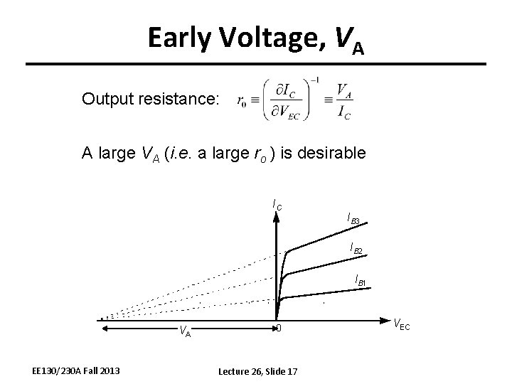 Early Voltage, VA Output resistance: A large VA (i. e. a large ro )