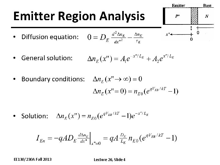 Emitter Region Analysis • Diffusion equation: • General solution: • Boundary conditions: • Solution: