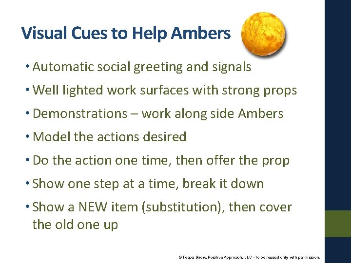 Visual Cues to Help Ambers • Automatic social greeting and signals • Well lighted