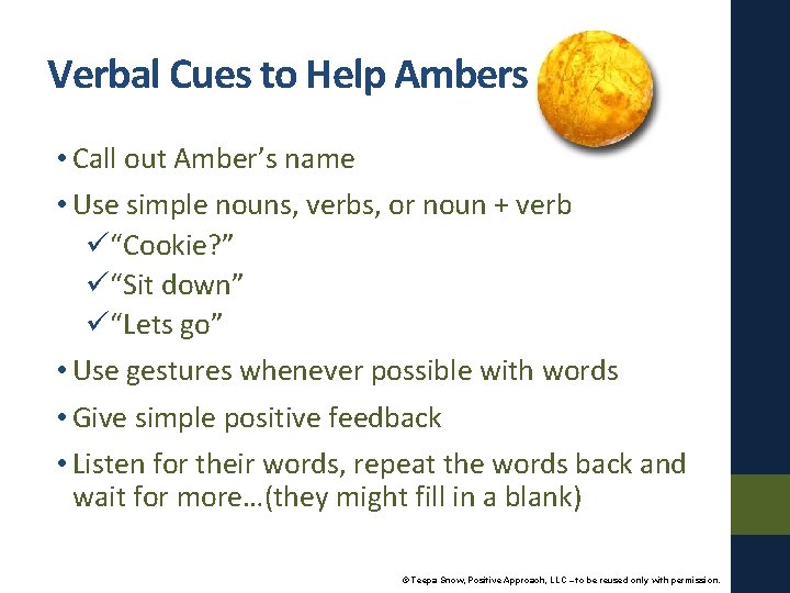 Verbal Cues to Help Ambers • Call out Amber’s name • Use simple nouns,