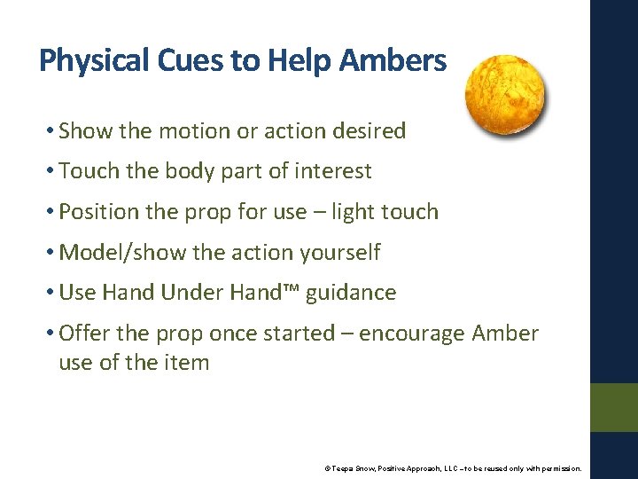 Physical Cues to Help Ambers • Show the motion or action desired • Touch