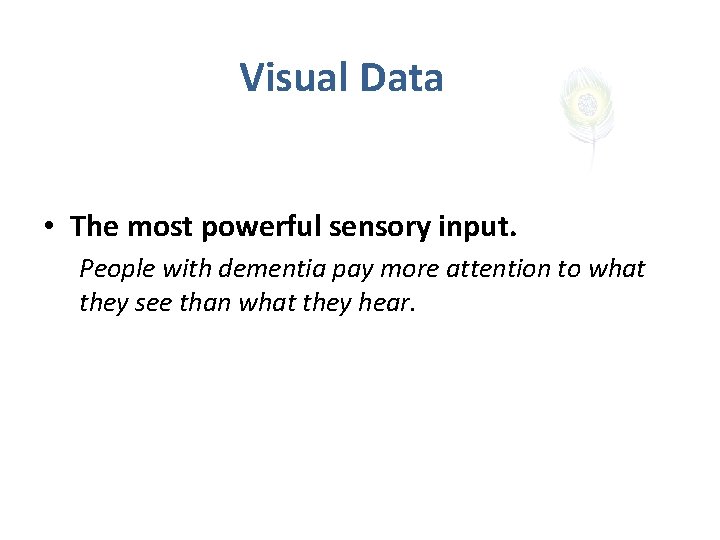 Visual Data • The most powerful sensory input. People with dementia pay more attention