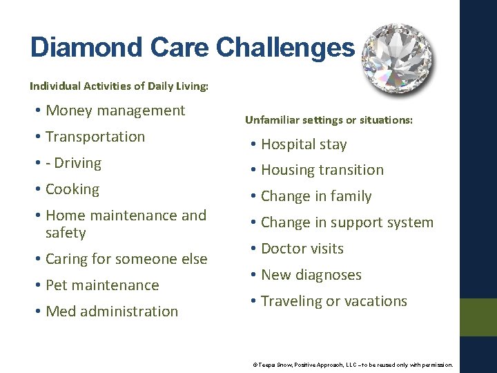 Diamond Care Challenges Individual Activities of Daily Living: • Money management • Transportation •