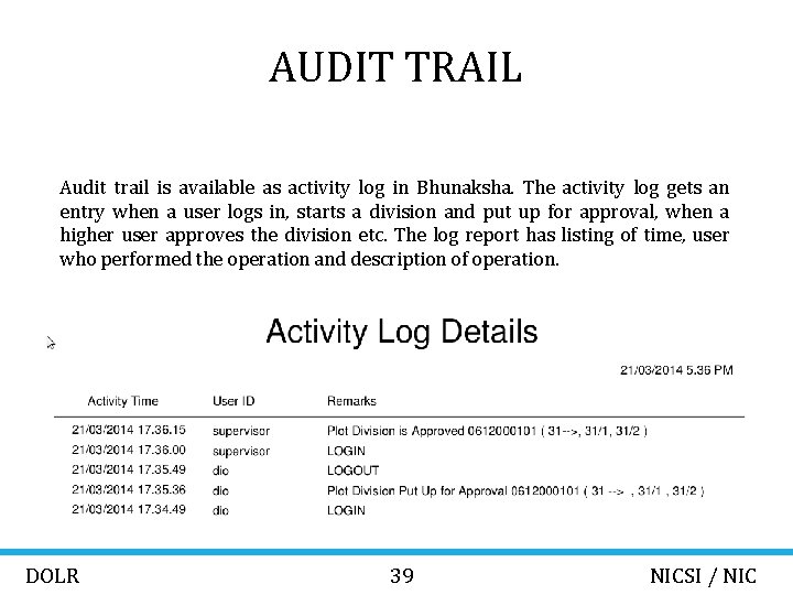 AUDIT TRAIL Audit trail is available as activity log in Bhunaksha. The activity log