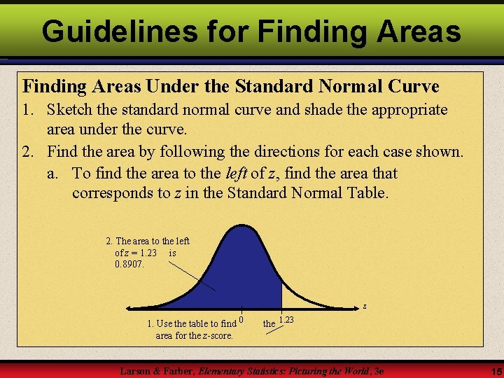 Guidelines for Finding Areas Under the Standard Normal Curve 1. Sketch the standard normal