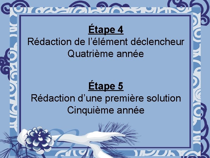 Étape 4 Rédaction de l’élément déclencheur Quatrième année Étape 5 Rédaction d’une première solution