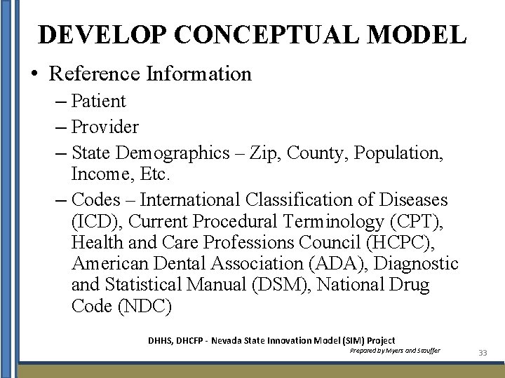 DEVELOP CONCEPTUAL MODEL • Reference Information – Patient – Provider – State Demographics –