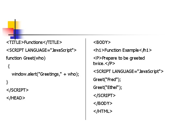 <TITLE>Functions</TITLE> <BODY> <SCRIPT LANGUAGE="Java. Script"> <h 1>Function Example</h 1> function Greet(who) <P>Prepare to be