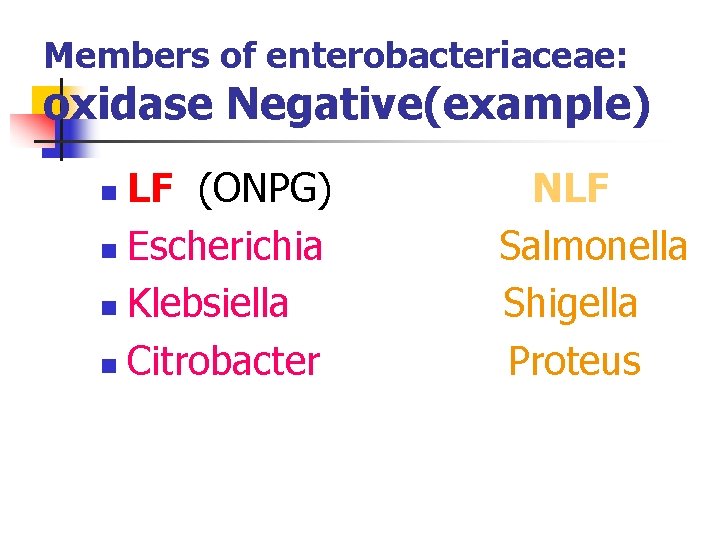 Members of enterobacteriaceae: oxidase Negative(example) LF (ONPG) n Escherichia n Klebsiella n Citrobacter n