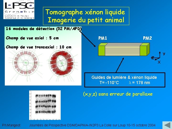 Tomographe xénon liquide Imagerie du petit animal 16 modules de détection (32 PM/APD) Champ