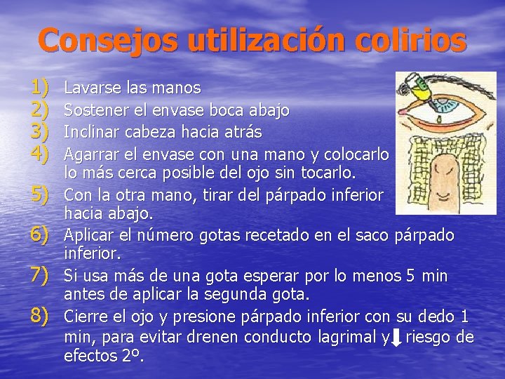 Consejos utilización colirios 1) 2) 3) 4) 5) 6) 7) 8) Lavarse las manos