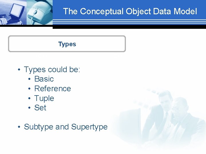 The Conceptual Object Data Model Types TEXT • Types could be: • Basic •