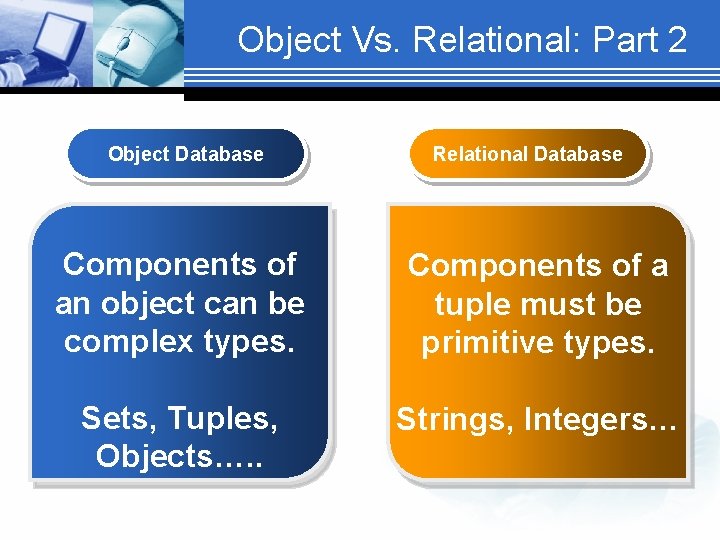 Object Vs. Relational: Part 2 Object Database Relational Database Components of an object can