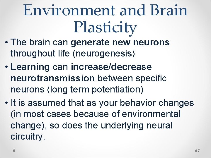 Environment and Brain Plasticity • The brain can generate new neurons throughout life (neurogenesis)