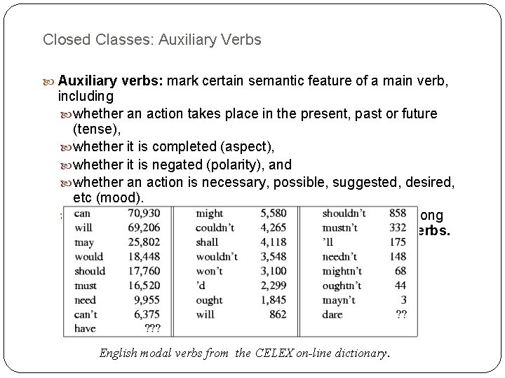 Closed Classes: Auxiliary Verbs Auxiliary verbs: mark certain semantic feature of a main verb,