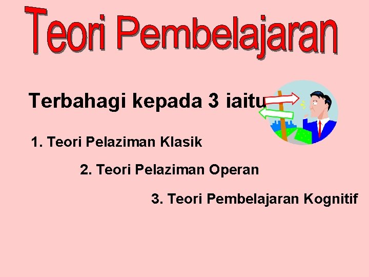 Terbahagi kepada 3 iaitu: 1. Teori Pelaziman Klasik 2. Teori Pelaziman Operan 3. Teori