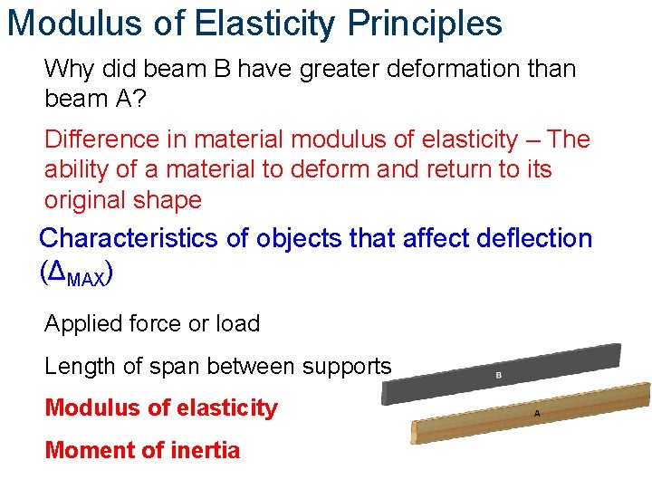 Modulus of Elasticity Principles Why did beam B have greater deformation than beam A?