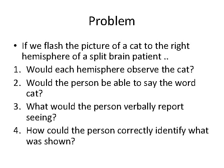 Problem • If we flash the picture of a cat to the right hemisphere