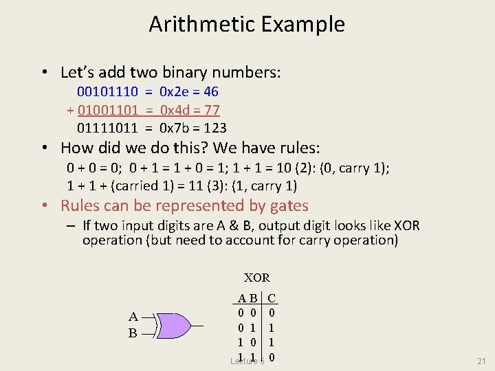 Arithmetic Example • Let’s add two binary numbers: 00101110 = 0 x 2 e