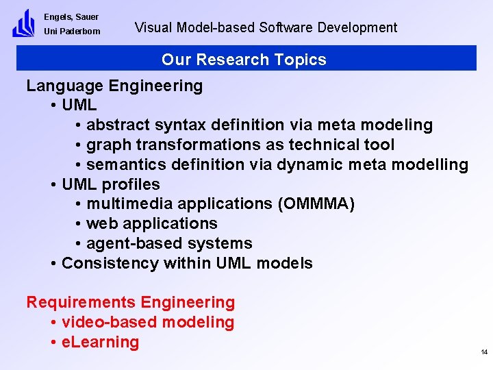 Engels, Sauer Uni Paderborn Visual Model-based Software Development Our Research Topics Language Engineering •