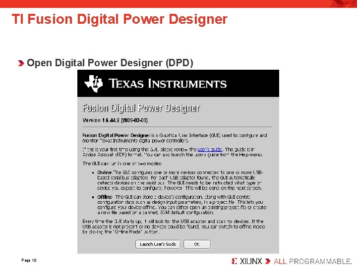 TI Fusion Digital Power Designer Open Digital Power Designer (DPD) Page 10 