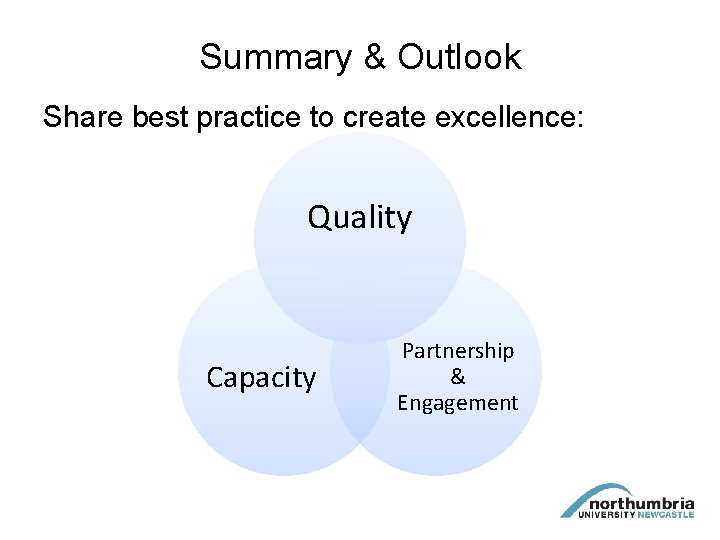 Summary & Outlook Share best practice to create excellence: Quality Capacity Partnership & Engagement