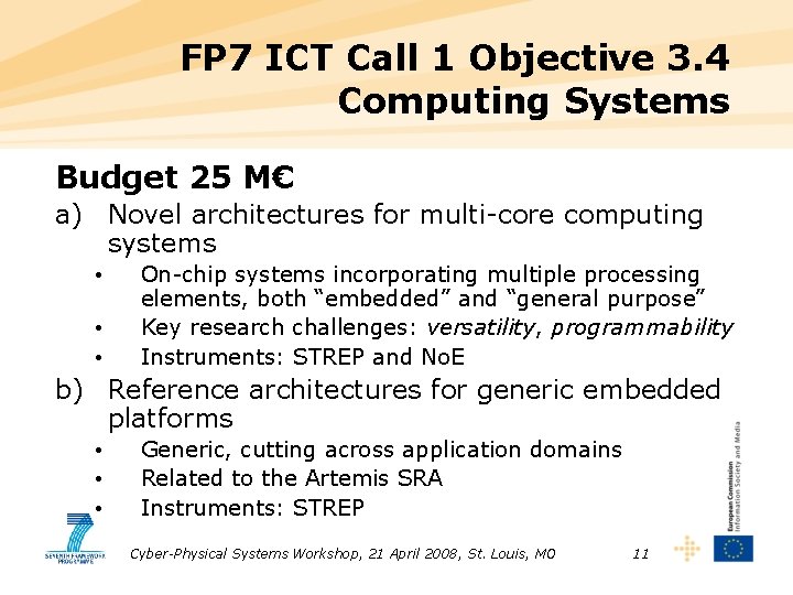 FP 7 ICT Call 1 Objective 3. 4 Computing Systems Budget 25 M€ a)