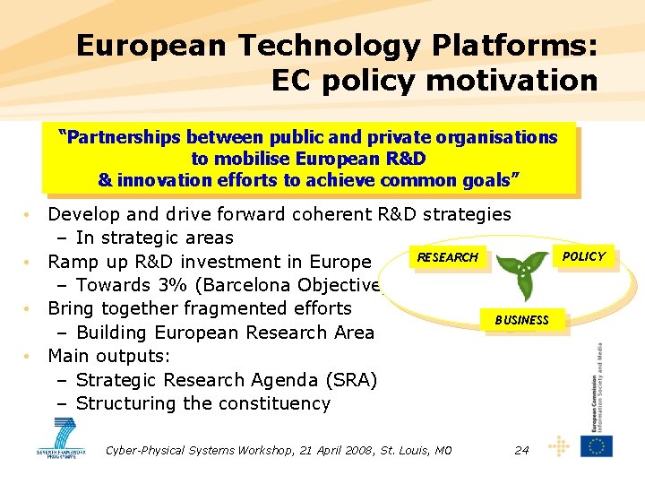 European Technology Platforms: EC policy motivation “Partnerships between public and private organisations to mobilise