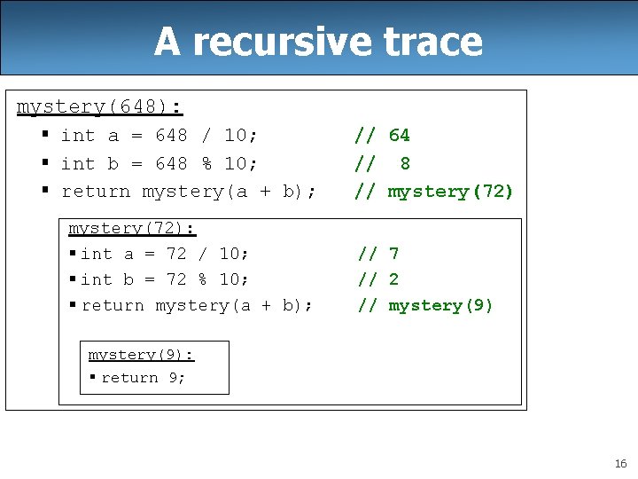 A recursive trace mystery(648): § int a = 648 / 10; § int b