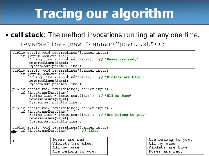 Tracing our algorithm • call stack: The method invocations running at any one time.