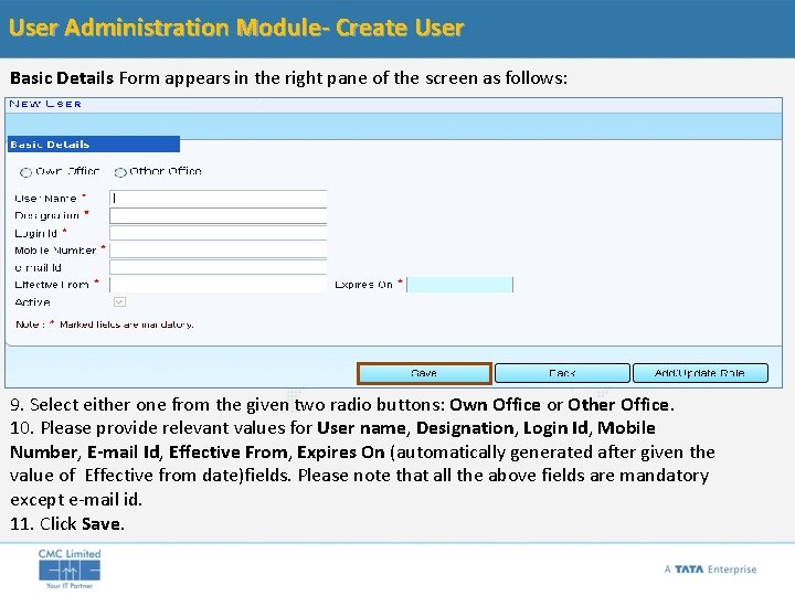 User Administration Module- Create User Basic Details Form appears in the right pane of