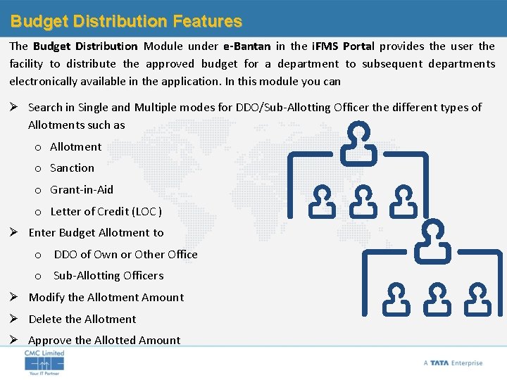 Budget Distribution Features The Budget Distribution Module under e-Bantan in the i. FMS Portal