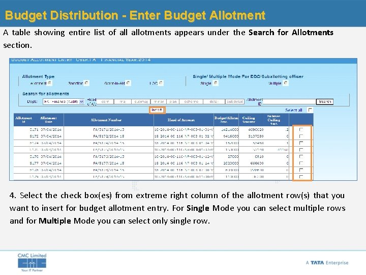 Budget Distribution - Enter Budget Allotment A table showing entire list of allotments appears
