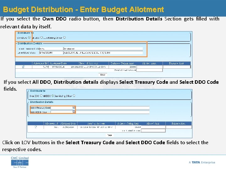 Budget Distribution - Enter Budget Allotment If you select the Own DDO radio button,