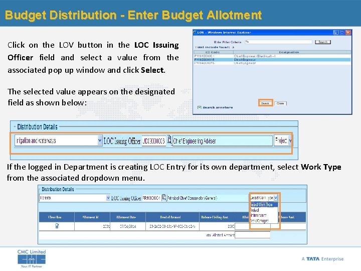 Budget Distribution - Enter Budget Allotment Click on the LOV button in the LOC